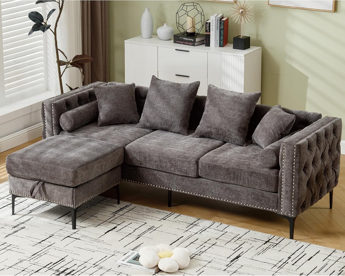 Ball & Cast 85" L Shaped Sectional Sofa with Storage Ottoman, Morden 3 Seater Tufted Couch with Nailhead Trim and Metal Legs for Living Room, Apartment, Office, Dark Gray