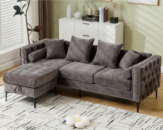 Ball & Cast 85" L Shaped Sectional Sofa with Storage Ottoman, Morden 3 Seater Tufted Couch with Nailhead Trim and Metal Legs for Living Room, Apartment, Office, Dark Gray