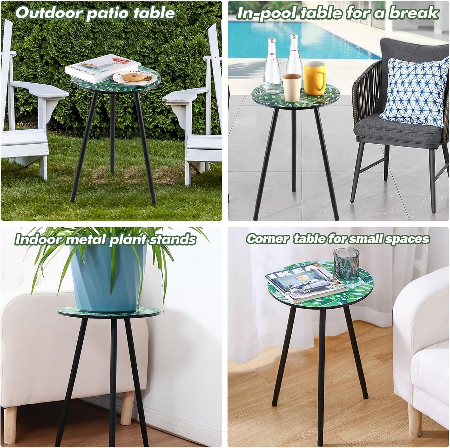 2 Packs Metal Leaf Round Side Tables 13.4" Small Outdoor Patio Round Accent Coffee Tables Indoor Corner Stand for Small Spaces Weather-Resistant for Balcony, Porch Plant Stands Indoor
