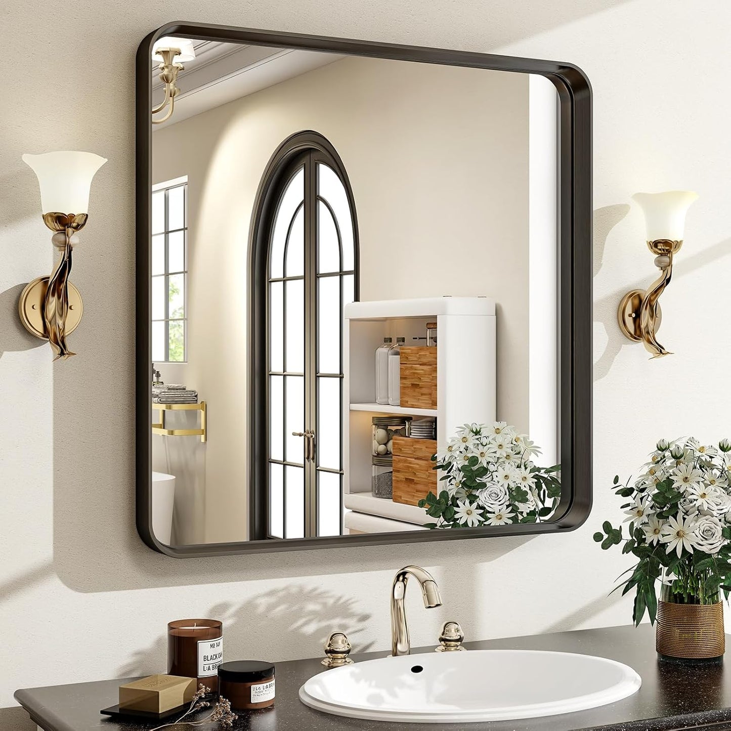 30"x 30" Black Bathroom Mirror - Aluminum Framed Wall Mirror, Bathroom Wall Mounted Vanity Mirror, Modern Bathroom Mirror, Bedroom, Living Room Wall Mirror, Hang Horizontally or Vertically