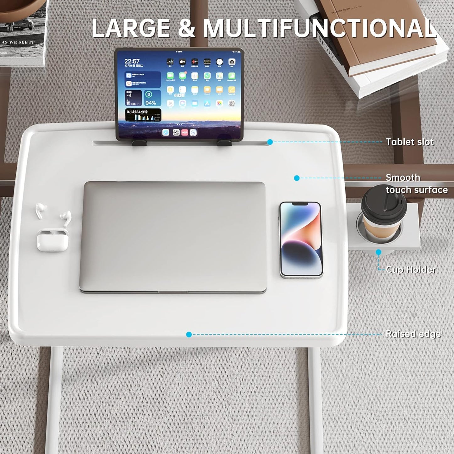 Allpop X TV Tray Table, TV Dinner Tray for Eating, Large Adjustable Folding Laptop Table with Book Stand, Cup Holder & Tablet Slot on Couch & Bed with 6 Heights & 3 Tilt Angles, White