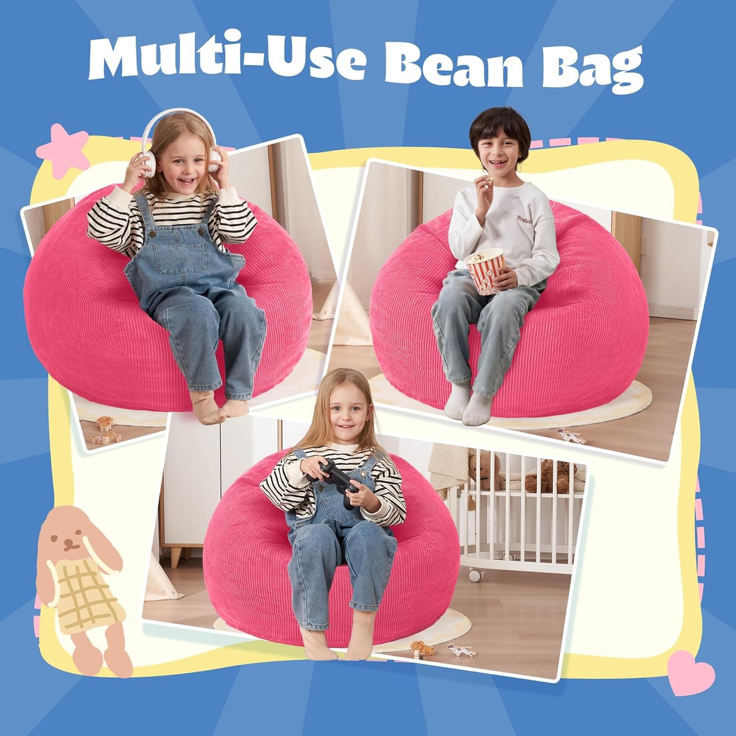 HABUTWAY 2 FT Bean Bag Chair,Giant Bean Bag Chairs,Big Bean Bags with Memory Foam Filled, Large Beanbag Chairs with Soft Corduroy Cover-Pink