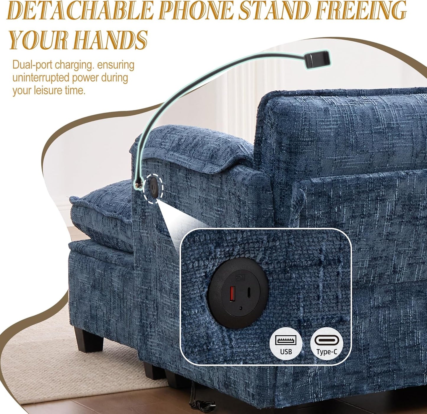 Ball & Cast Modular Sectional Sofa,L Shaped Couch with Movable Storage Ottoman,Chenille Upholstered Sofa W/USB Charging Port,Phone Holder and Side Pocket,for Living Room,Apartment,Navy,109"