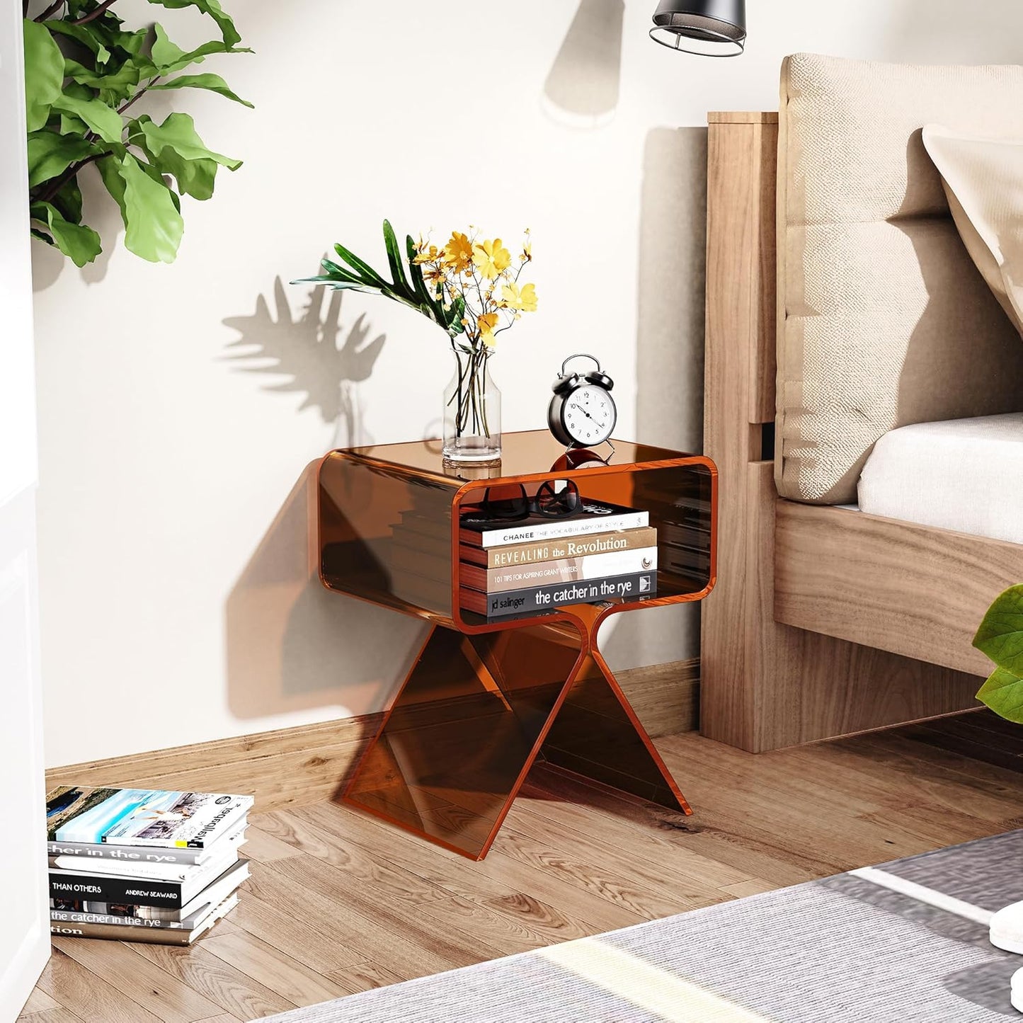 Acrylic Nightstand Side Table Modern Design Clear Home Decor Display End Table for Living Room (Dark Brown)