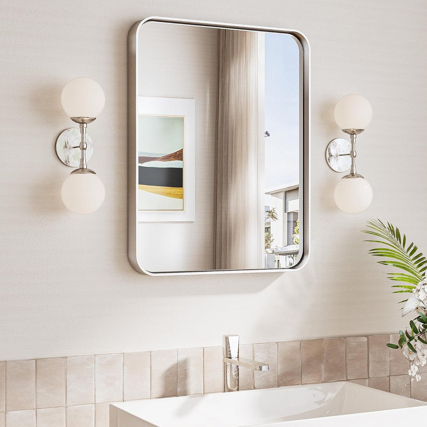 TokeShimi 16x20 Brushed Nickel Bathroom Mirror,Vanity Mirror Bathroom Wall with Tempered Glass,Modern Metal Framed Mirror with Aluminum Frame(Horizontal/Vertical)