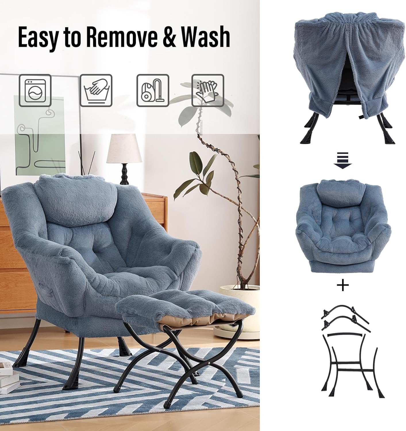 Lazy Chair with Ottoman, Modern Chair with Folding Footrest, Lounge Accent Chair, Comfortable Reading Chair (Plush Light Blue)