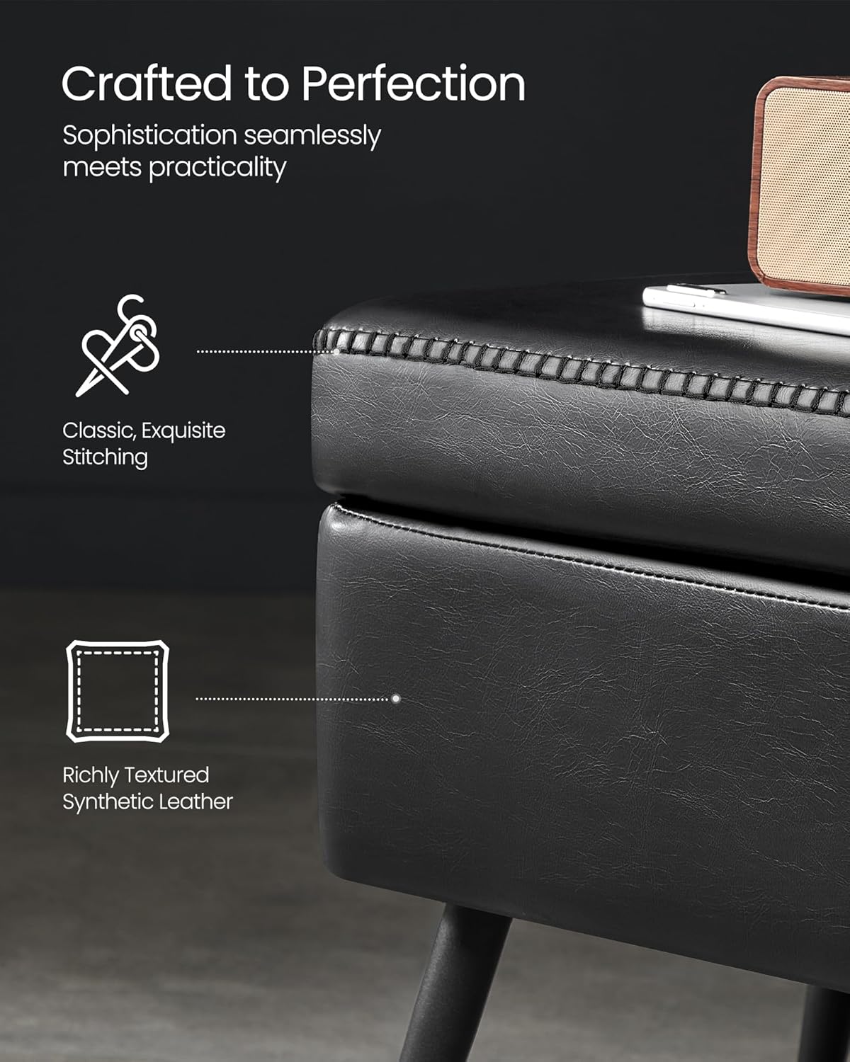 VASAGLE EKHO Collection - Storage Ottoman Bench, Entryway Bedroom Bench, 15 Gallons, Synthetic Leather with Stitching, Mid-Century Modern, Safety Hinges, Loads 660 lb, Ink Black ULOM074B01