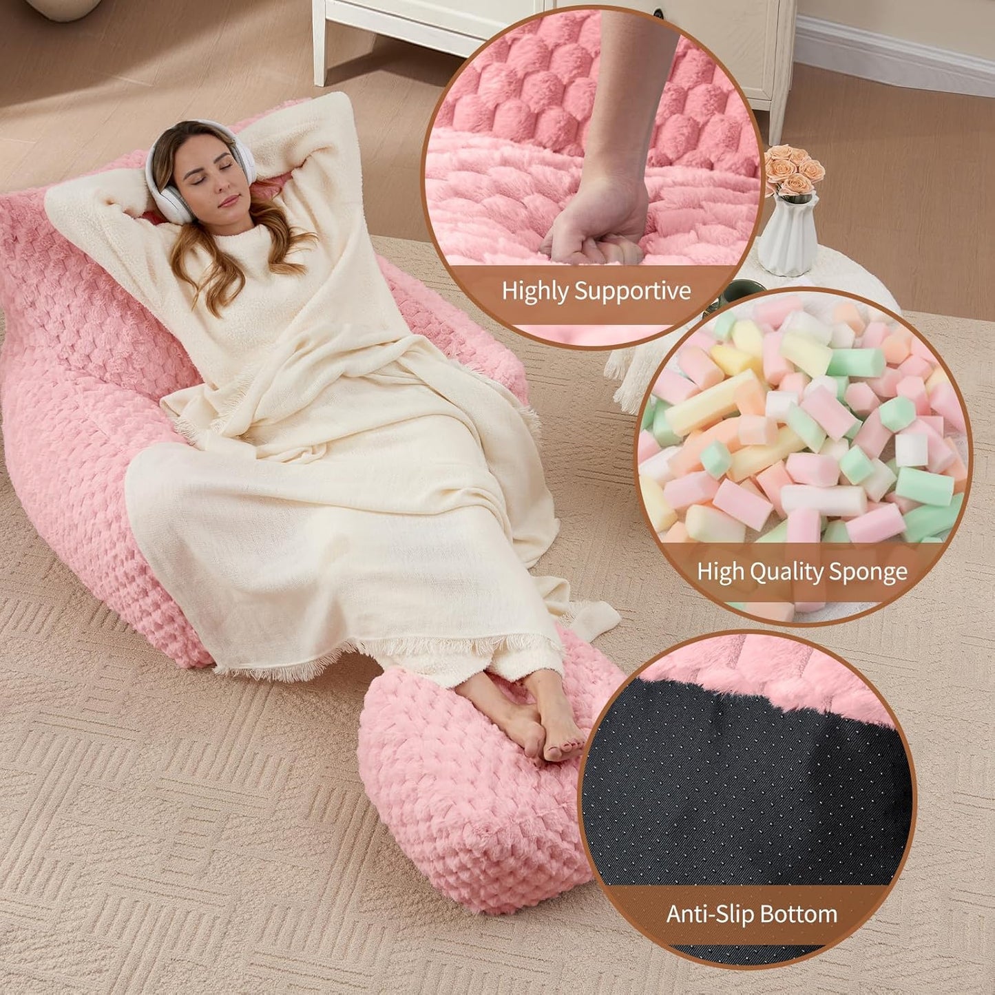 Bedroom Bean Bags Chair with Foot Stool, Comfy Reading Chair with Filler, Soft Faux Fur Pink Bean Bag Chair Lazy Beanbag Chairs for Adults, Gaming Bean Bag Chair