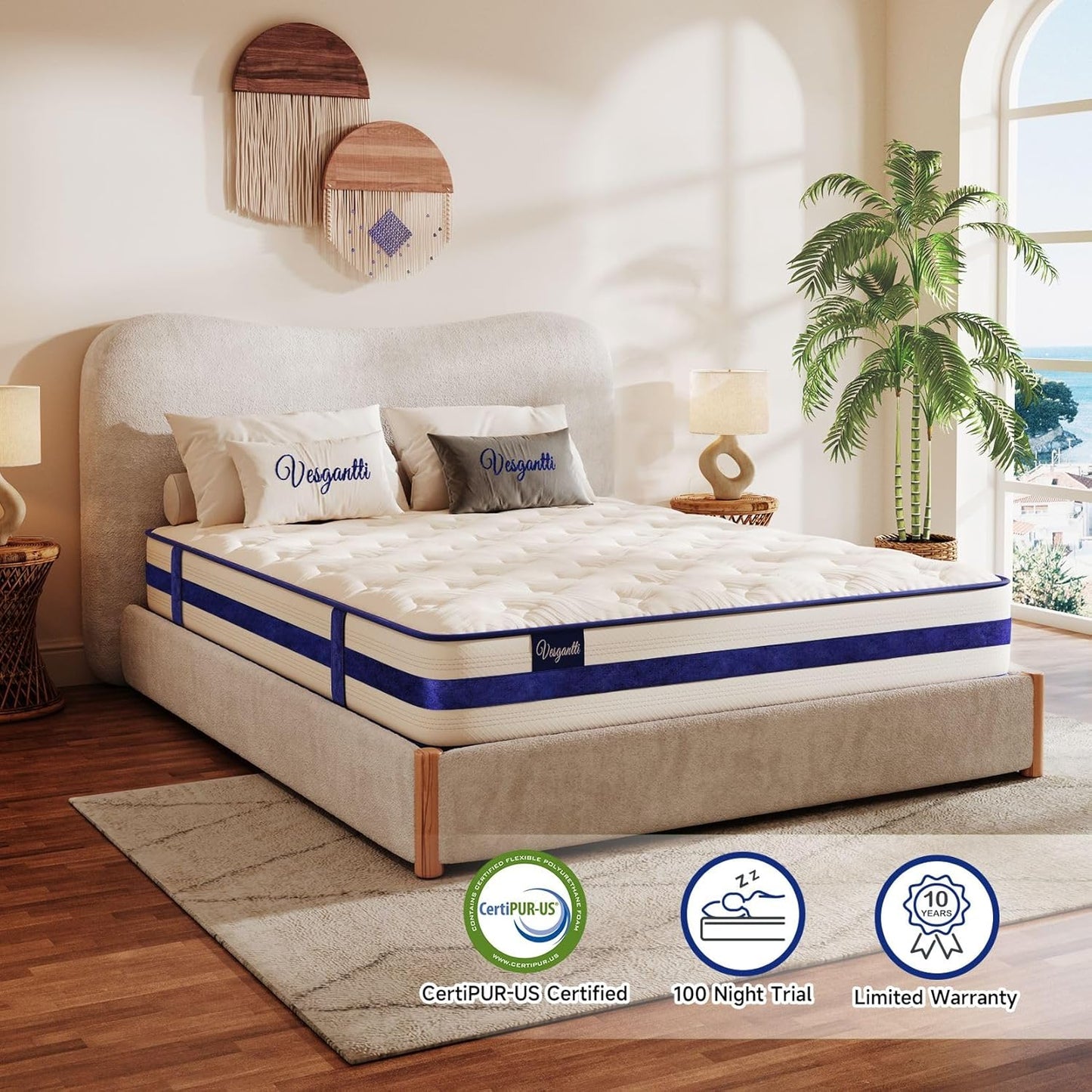 Vesgantti Queen Mattress, 10 Inch Hybrid Innerspring Mattress in a Box with Memory Foam, Durable Support & Pressure Relief, Medium Firm Feel
