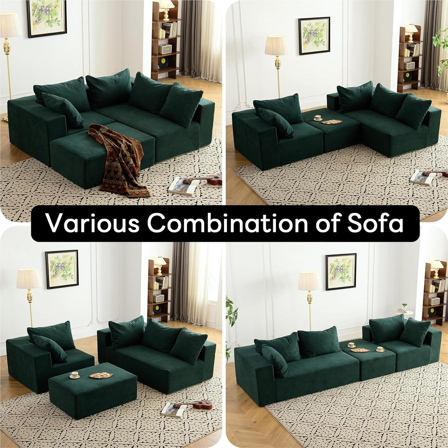 Vamcheer Modular Sectional Sofa with Chaise, Modern L Shaped Cloud Couch with Deep Seat, Sectional Couches for Living Room, Bedroom, Office, No Assembly Required, Green