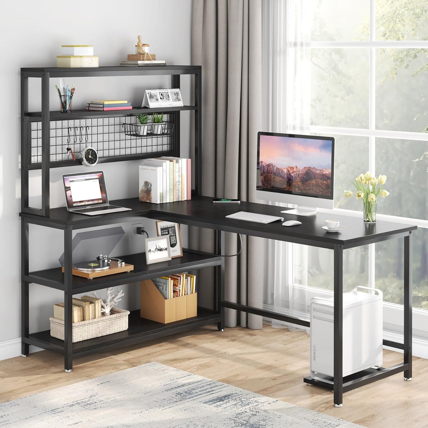 Tribesigns 55" Large Computer Desk with Wireless Charging 5 Storage Shelves, Office Desk Study Table Writing Desk Workstation with Hutch Bookshelf for Home Office (All Black)