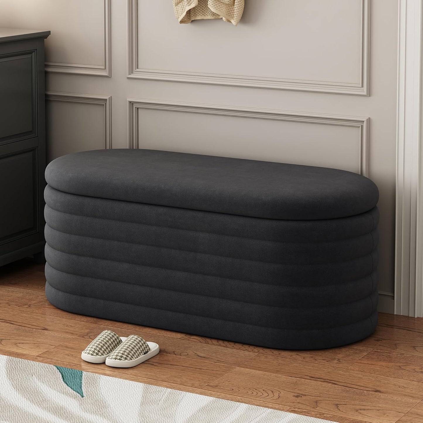 Storage Ottoman Bench 40 inch Upholstered Chenille Fabric Storage Bench for Bedroom End of Bed Stool Aesthetic Large Storag Ottoman for Living Room Entryway,Black