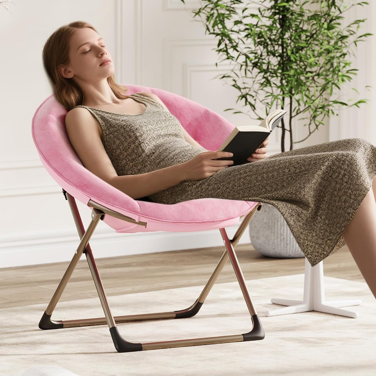 Comfy Saucer Chairs, Pink Folding Reading Lounge Chair, Cozy Faux Fur Living Room Chair with Soft Thick Padded Seat & Metal Frame, Modern Style Bedroom Home for Kids Adults, X-Large, Gold Legs