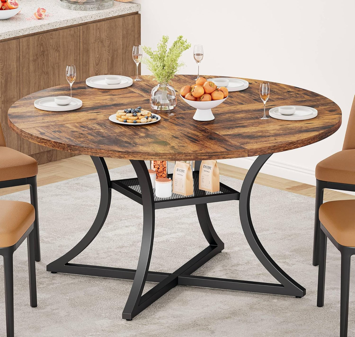 IRONCK 47.2" Round Dining Table for 4, Wood Kitchen Table with Storage Shelf for Dining Room, Dinner Table with Wooden Tabletop and Metal Base, Rustic Brown
