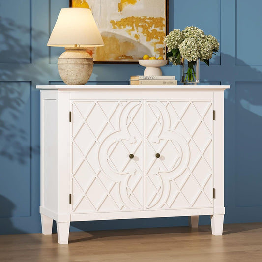 Karlott 40" Entryway Cabinet, Coffee Bar Cabinet with Shelf, Craft Storage Cabinet with Doors, Charming Carved Motif, Pantry Cabinet Sideboard Buffet for Living Room Kitchen Dining Room Hallway, White