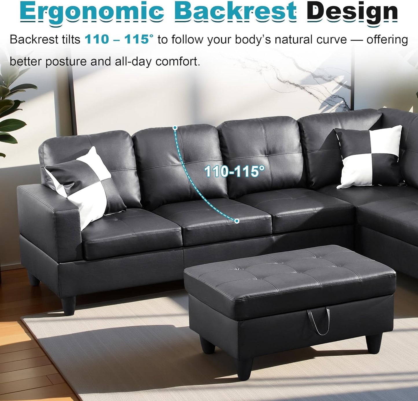 103.5" Oversized Sectional Couch, L Shaped Couch with Storage Ottoman, Modern Modular Sofa with Deep Seat, Sectional Couches for Living Room and Office, Jet Black (Faux Leather)