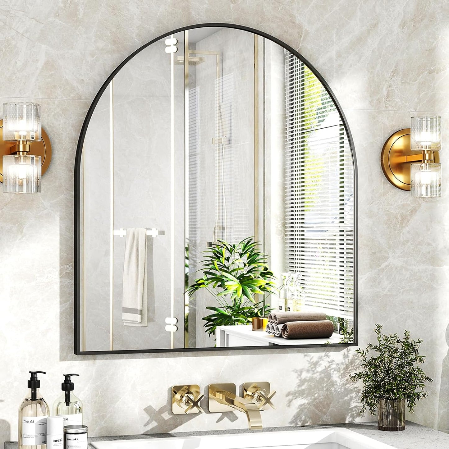 31"x32" Arched Wall Mirror for Bathroom, Black Vanity Mirror for Bedroom, Living Room, Entryway, Decorative Hanging Mirror for Wall