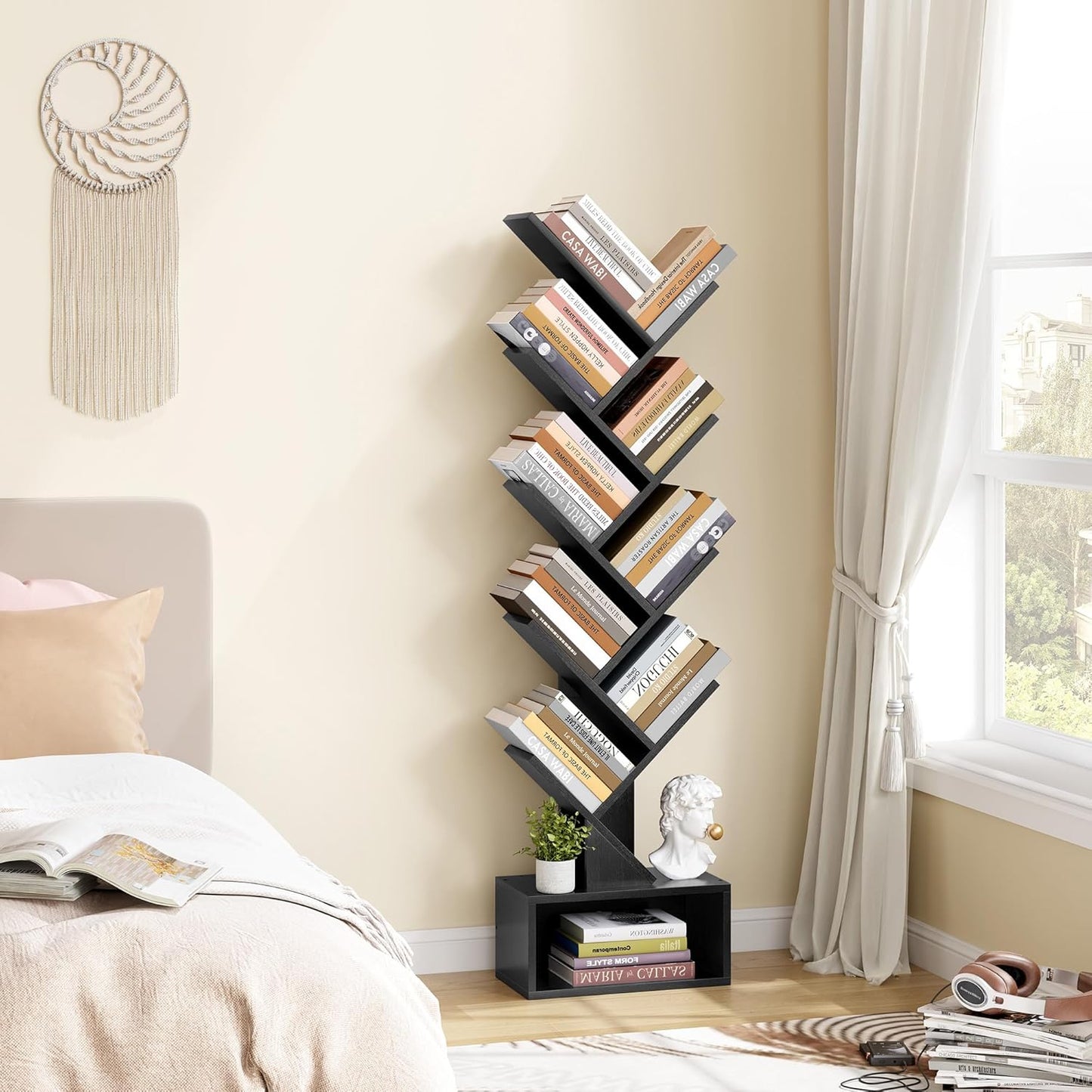 Hoctieon 9 Tier Tree Bookshelf, Tall Bookcase with Drawer, Wood Book Shelf, Modern Floor Standing Bookshelves, Book Organizer Shelves for Bedroom, Living Room, Home Office, Black