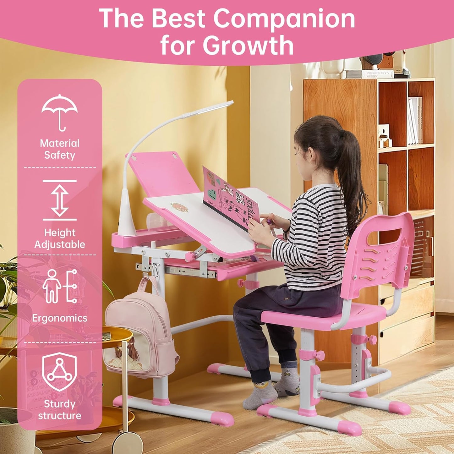 Real Relax Kids Desk and Chair Set, Children's Multifunctional School Tables with Tilt Desktop, LED Light, Metal Hook Pink