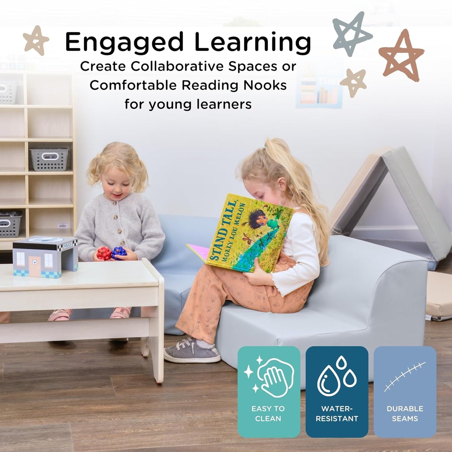 Children's Factory Library Lounger, Flexible Seating Classroom Furniture, Comfy Kids Chairs, Fog Blue, Single Lounger