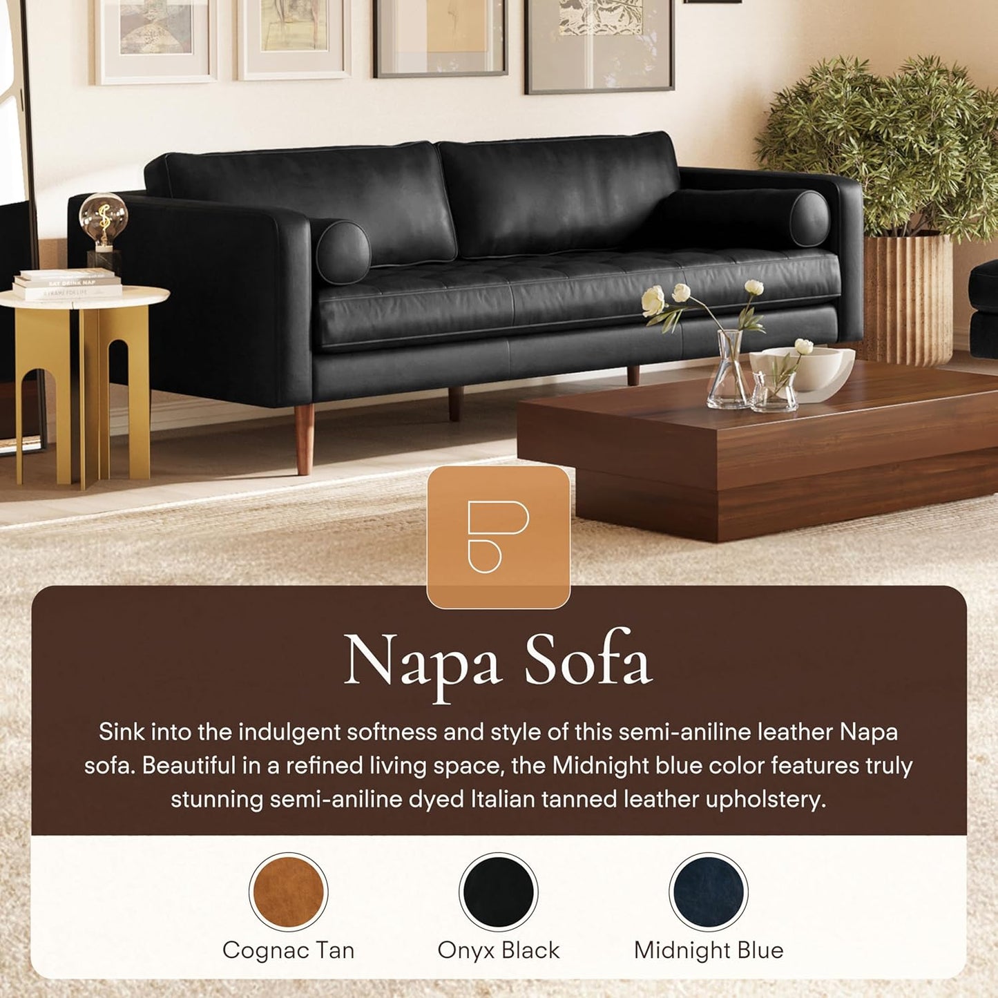 Poly & Bark Napa Leather Couch - 88.5-Inch Office Sofa with 2 Bolsters - Full-Grain Leather Sofa for Living Room with Feather-Down Topper - Living Room Couch - Vintage Italian Leather in Onyx Black
