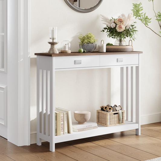 ChooChoo Farmhouse Console Table with Drawer, Mission Narrow Entryway Sofa Table with Storage, for Entryway, Living Room and Hallway, Soft White and Brown