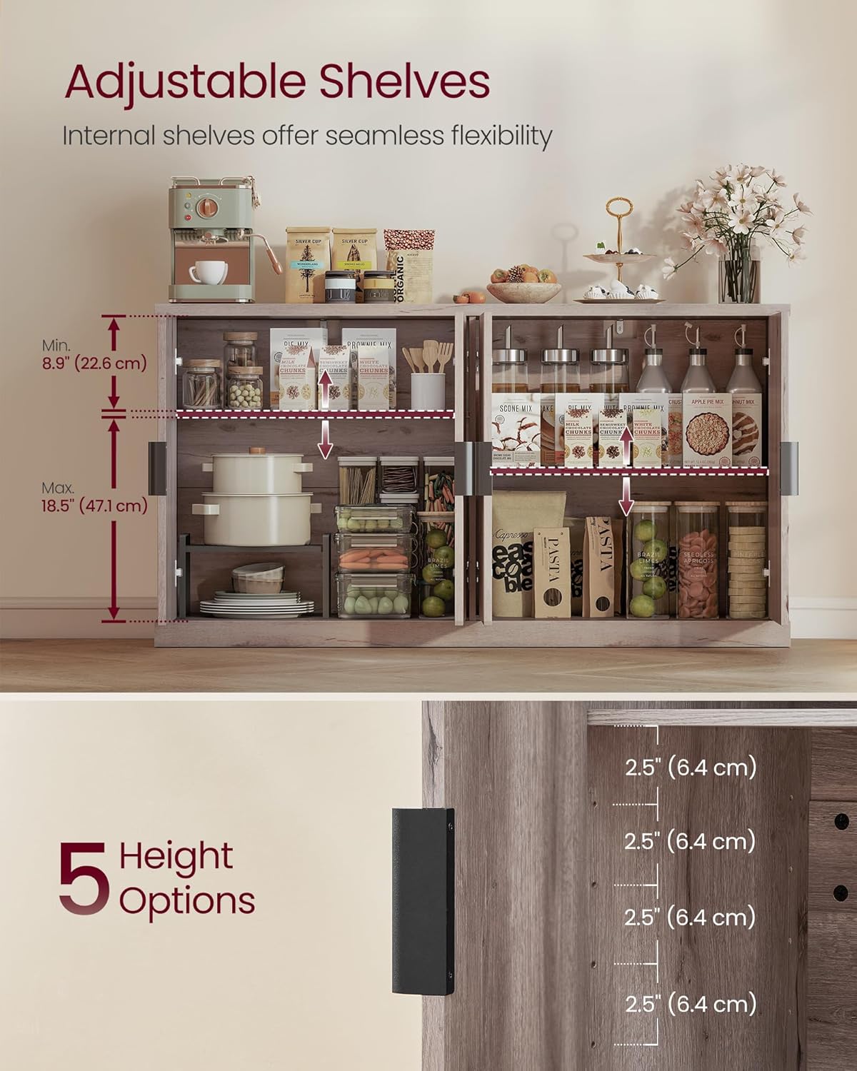 VASAGLE MAXE Collection - Buffet Cabinet, Console Cabinet, Sideboard with Adjustable Shelves, Fluted Doors, Transitional, Kitchen Pantry, Washed Gray UBBK382G01S