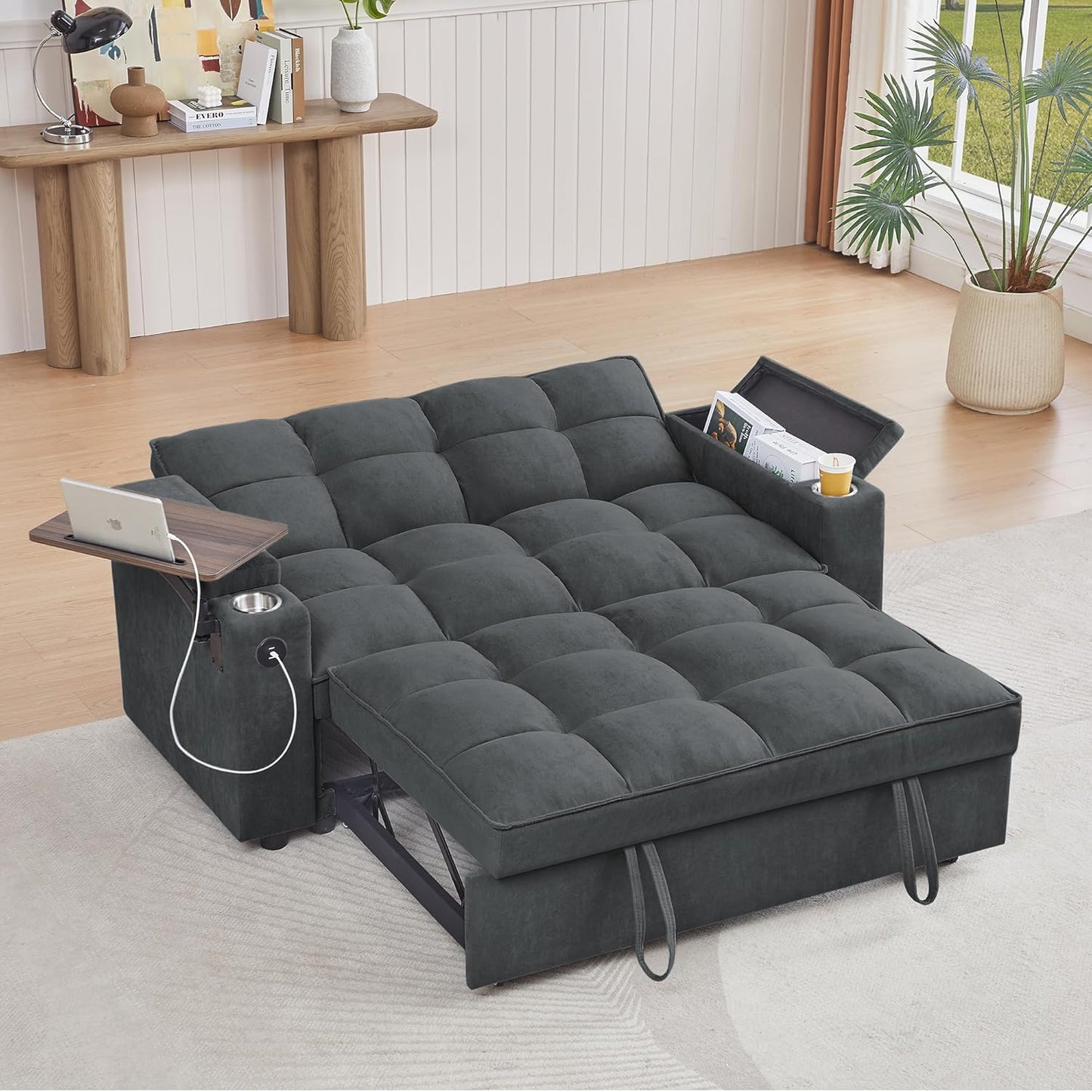 3 in 1 Queen Loveseat Convertible Sofabed Modern Living Room Multifunctional Sleeper Sofa Convertible Spacious Sofa Bed W/Pull Out Sleeper Couch Bed Armrests Storage,Cupholders,USB Ports ,Side Table