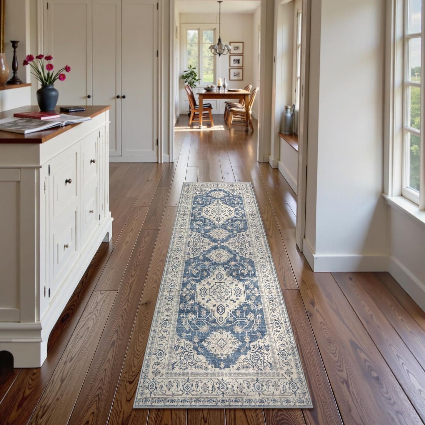Lahome Oriental Kitchen Runner Rug Non Slip, 2x5 Washable Hallway Runner with Rubber Backing, Vintage Hallway Rug Ultra-Thin Soft Carpet for Bedroom Bathroom, Blue