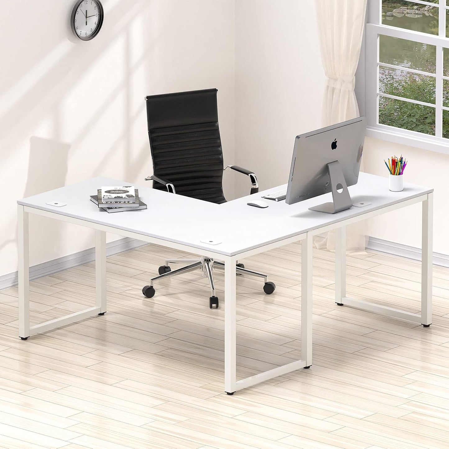 SHW 55 x 60 Inches Commercial-Grade L-Shape Corner Office Computer Desk, White