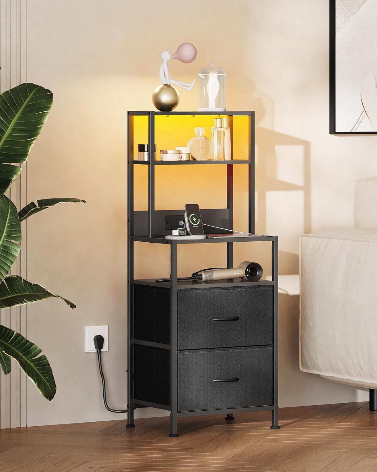 WLIVE Nightstand with Charging Station, LED Night Stand with 2 Drawers and 4 Storage Open Shelves, Fabric Dresser for Bedroom, Black