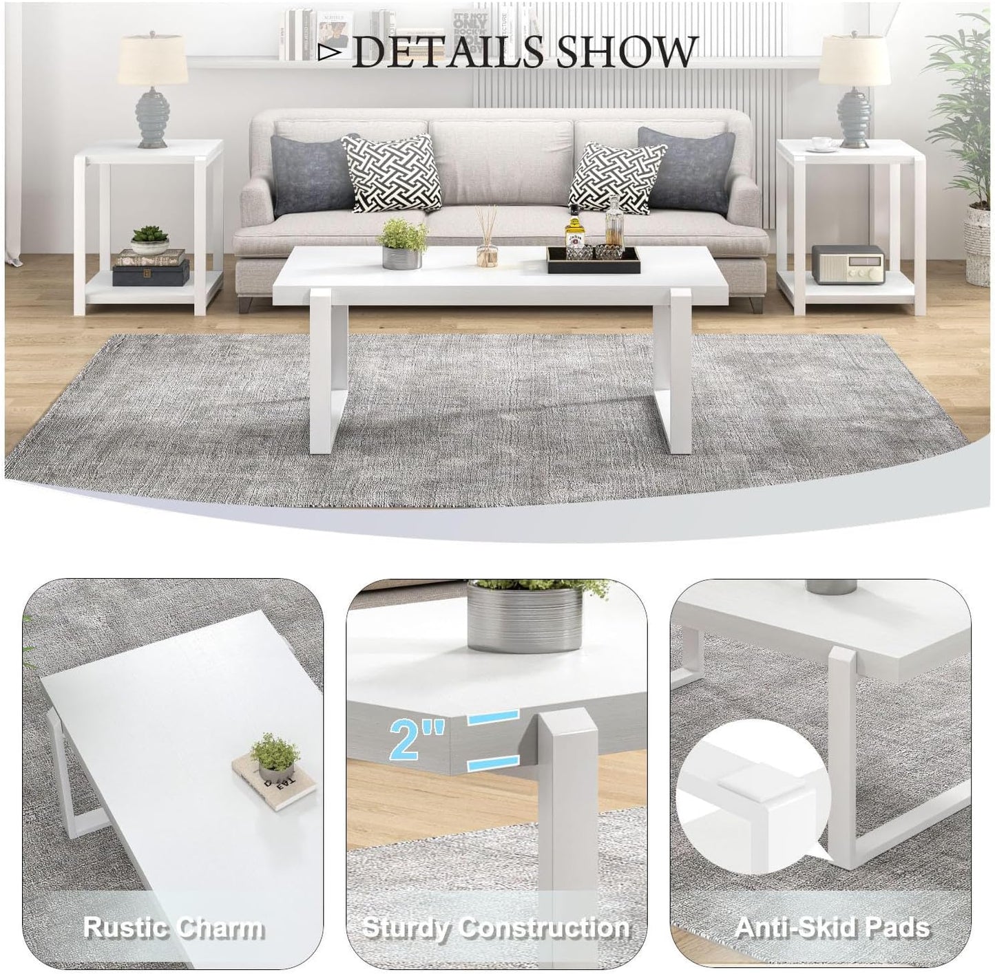 FOLUBAN White Coffee Table, Modern Rustic Wood and Metal Center Table, Rectangle Cocktail Tea Table for Living Room, 47 Inch