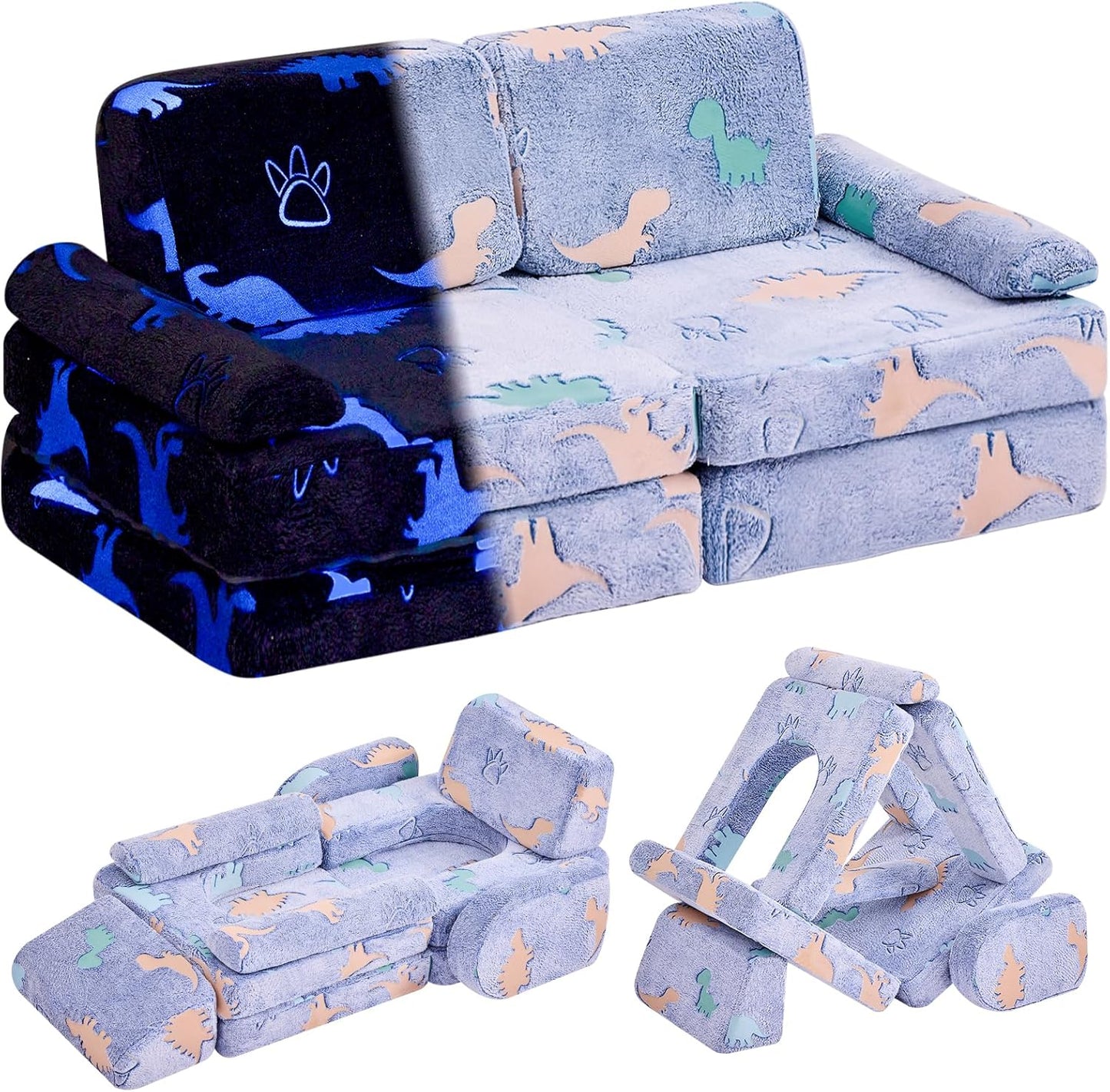 IFNOW Modular Kids Play Couch,Toddler Couch Kids Sofa,Child Sectional Sofa,Bedroom and Playroom Furniture for Toddlers,Convertible Foam and Floor Cushion for Boys and Girls,Glow in The Dark,Dinosaur
