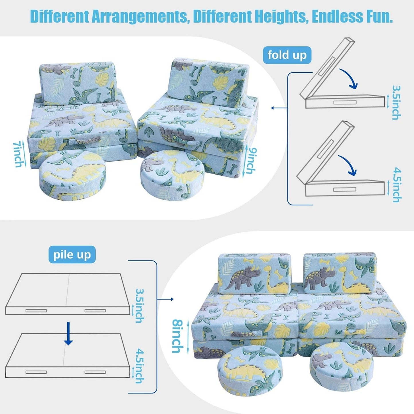 MeMoreCool Modular Glow Sofa for Kids, 8-Piece Convertible Foam Couch Play Set with Glowing Dinosaur Design for Toddlers and Playroom