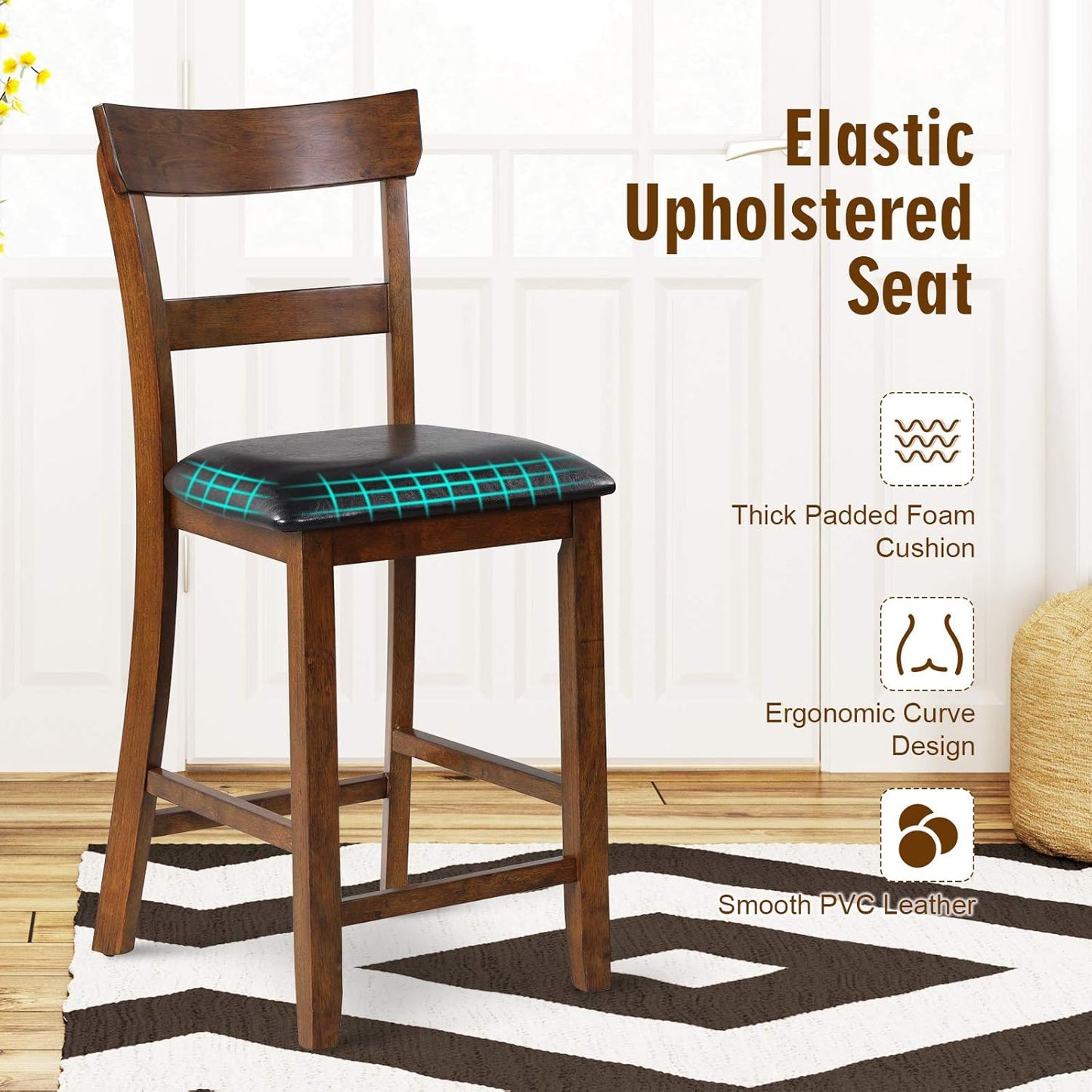 COSTWAY Barstools Set of 4, 25.5-Inch Counter Height Chair with Backrest, Foam-Padded Cushion, Rubber Wood Legs, Wooden Vintage Dining Chair for Bistro, Living Room, Kitchen, Brown and Black