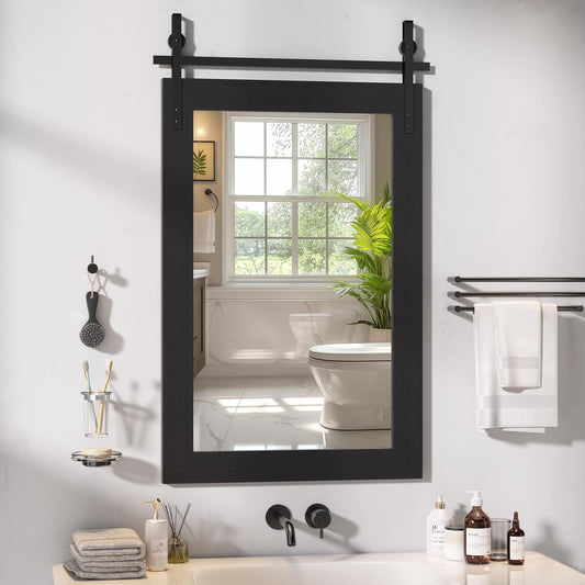 Hasipu Farmhouse Bathroom Mirror, 24"x36" Rustic Wood Framed Wall Mounted Mirror, Black Vintage Vanity Mirror Barn Door Style Decrative Mirrors