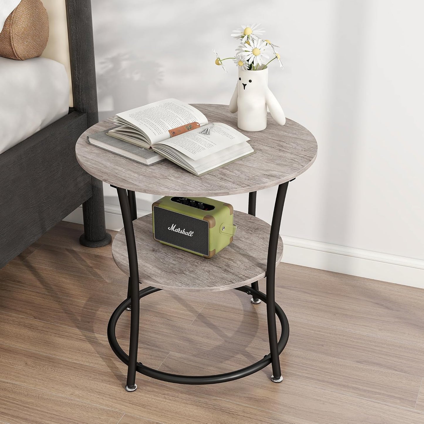 BOFENG Round Coffee Table Side Table,Round End Table with 2 Storage Shelves for Living Room, Bedroom,Small Space,Coffee Table Nightstand with Sturdy Metal Frame,Easy Assembly,Black+Grey