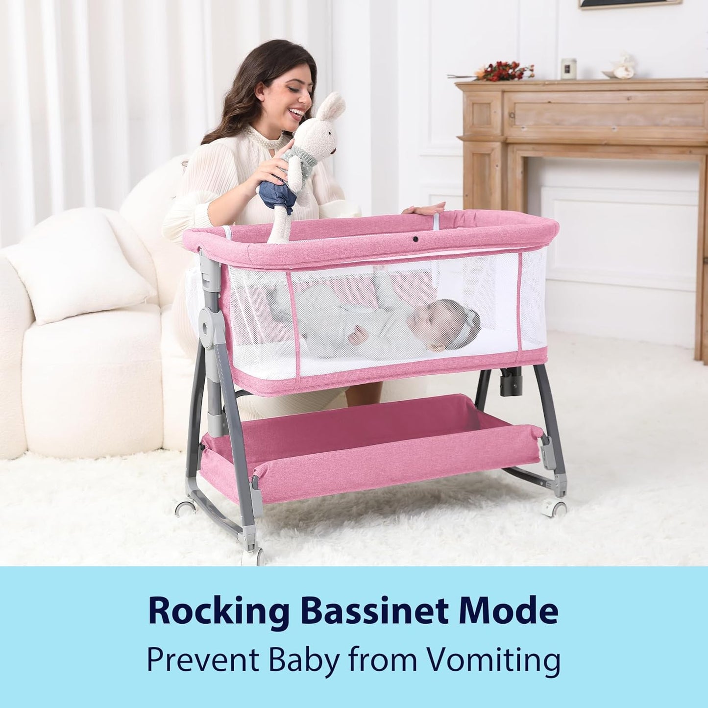 Baby Bassinet Bedside Sleeper, 3 in 1 Rocking Bassinet for Baby, Arms Reach Co Sleeper Bassinet with Wheels, Adjustable Height, Storage, Mattress & Canopy (Pink)