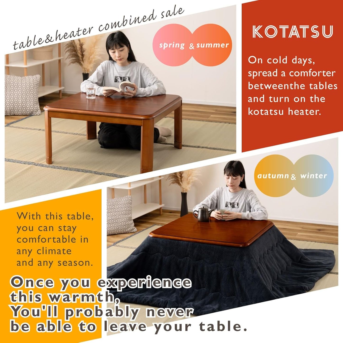 PaletteLife Japanese Heated Table (41x29in- Wooden Chabudai Furniture with 120V Electric Heater - Low-Lying Dining and Work Desk with Temperature Control Knob Casual kotatsu