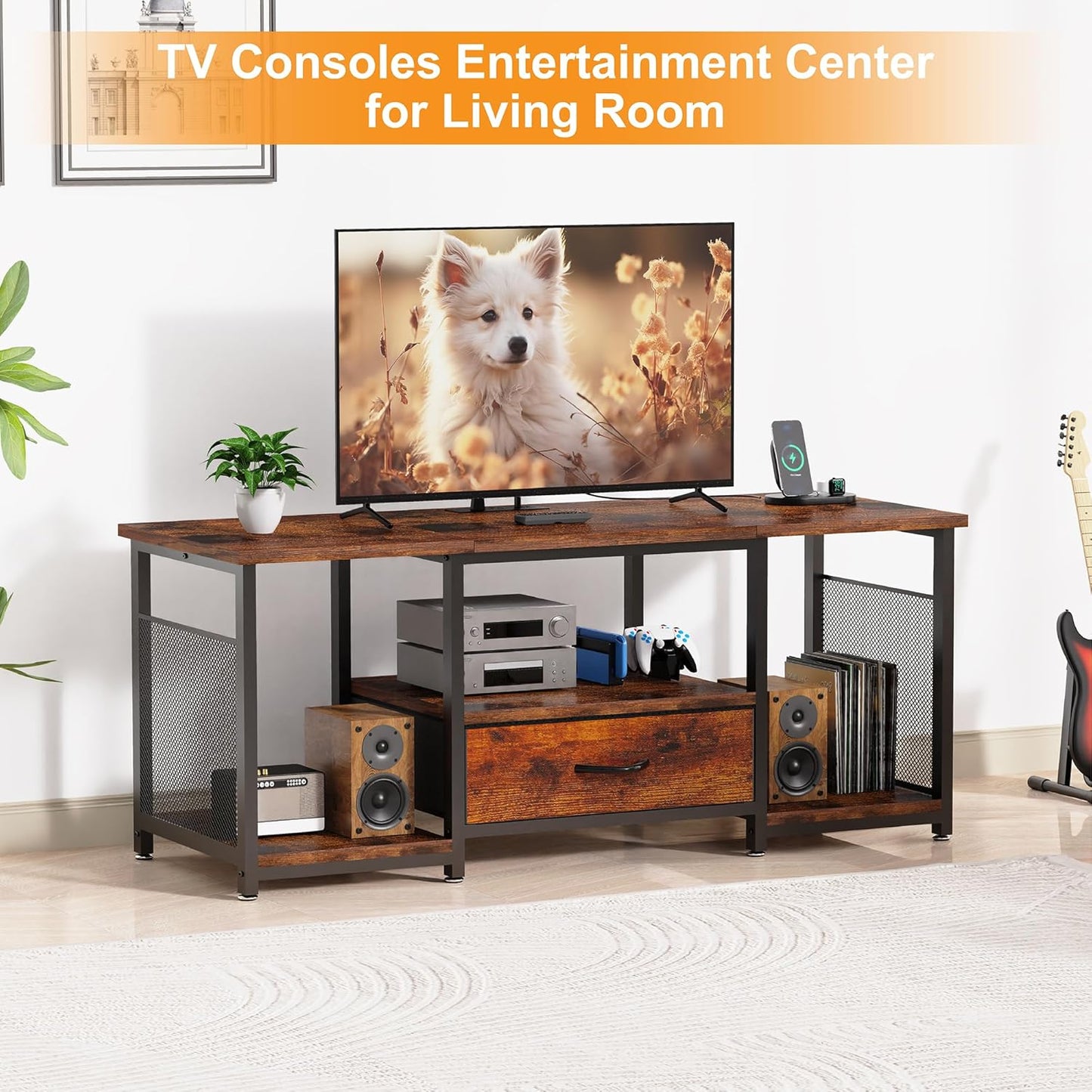 TV Stand with Drawers and Power Outlet for 65 60 55 Inch TV, Entertainment Center with Open Storage Shelves, Industrial Media TV Console Table for Living Room Bedroom Office, Rustic Brown