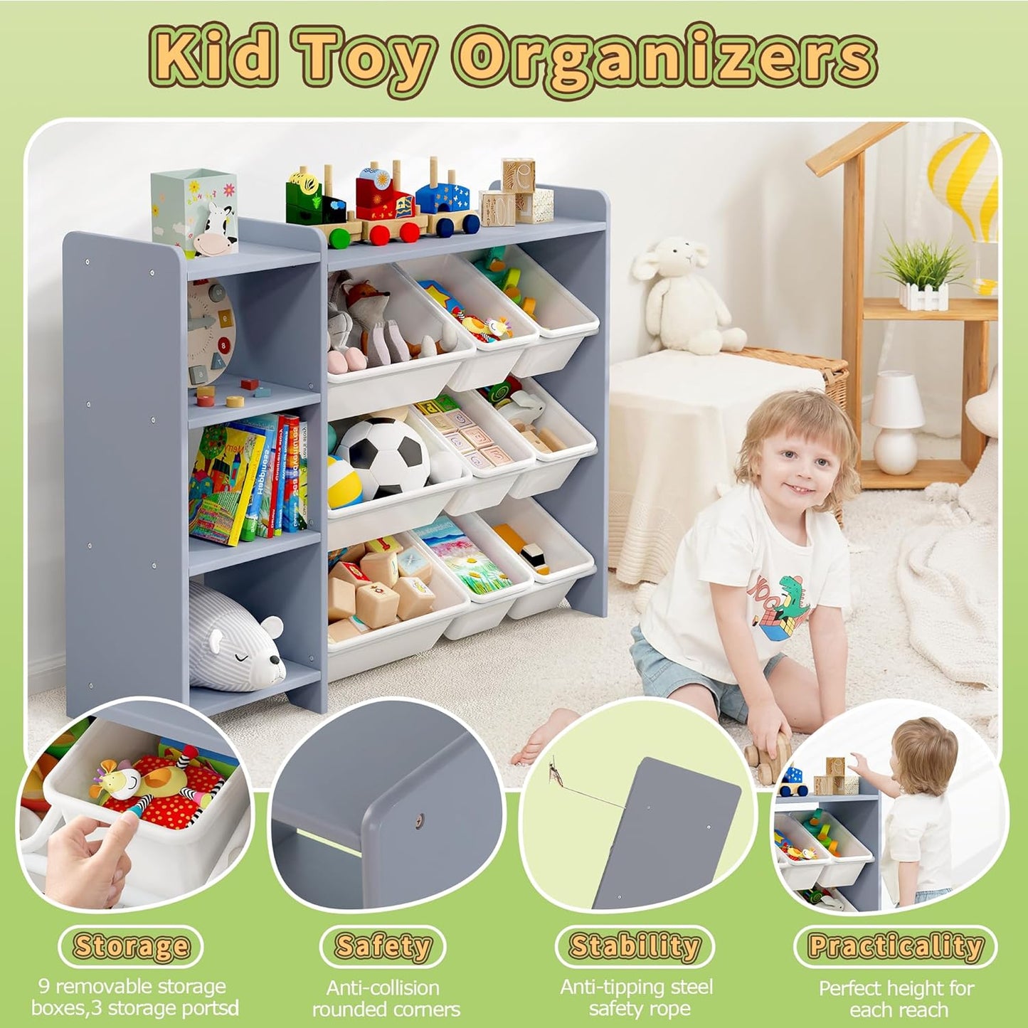 MallBest 4-Tier Kids' Toy Storage Organizer Shelf - 100% Solid Wood,Children's Storage Cabinet with 9 Plastic Bins and 3 Storage Ports(Grey-Single Color)