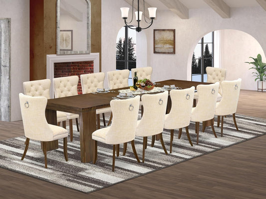 X12DA-008-32 - 13 Pieces Dining Room Set contains an Extendable Rectangle Kitchen Table and 12 Polyester Fabric Dining Chairs, 39x120 Inch, Antique Walnut