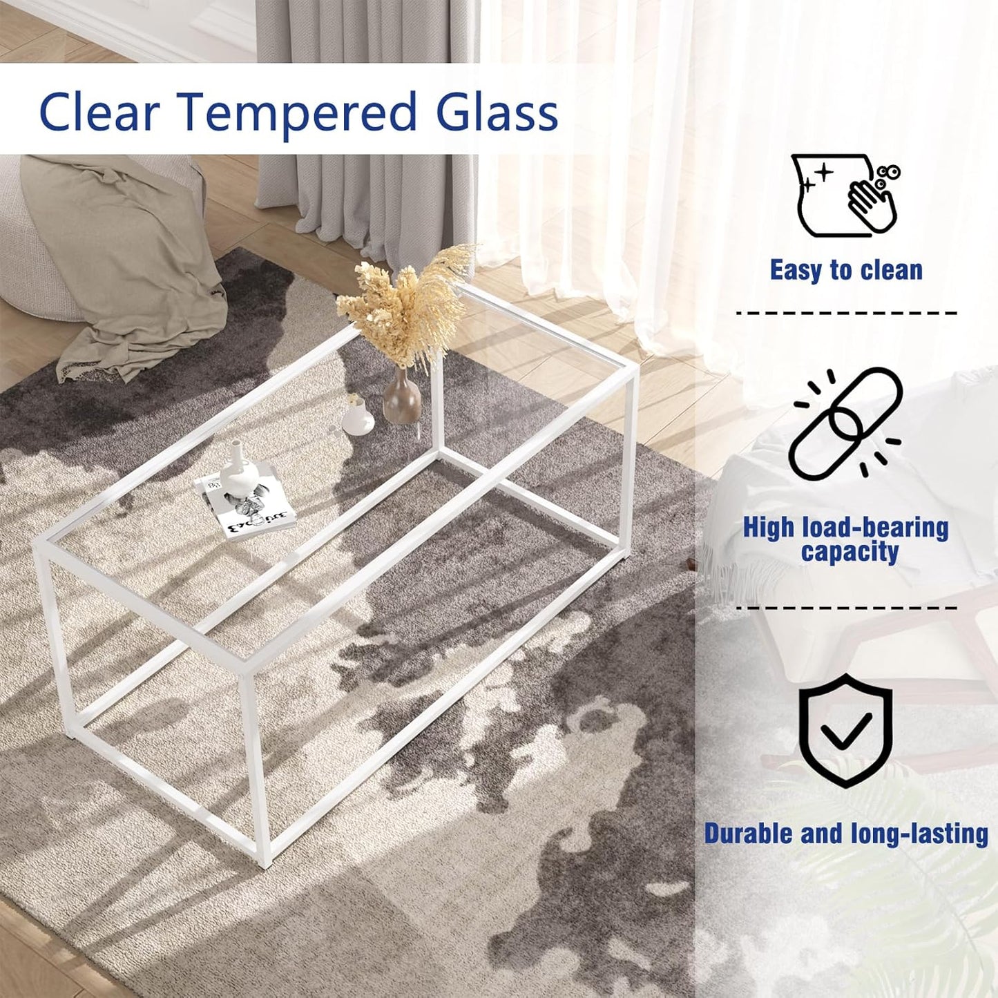Coffee Table Glass Center Table,Modern Minimalist Coffee Table for Living Room,Tempered Glass-top with Sturdy Metal Frame, Easy Assembly,39.4 x 18.9 x 17.7 Inches,White