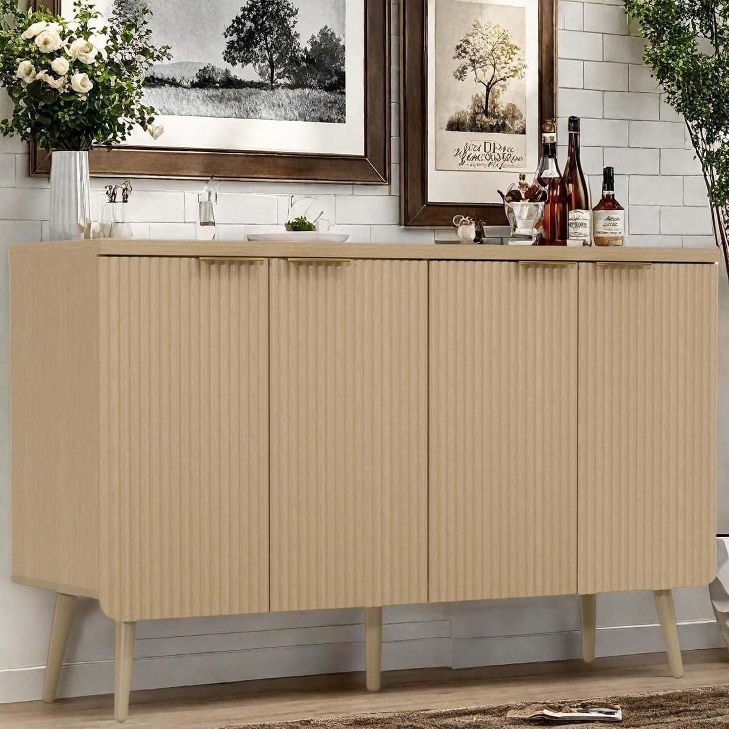 Buffet Cabinet, Sideboard Fluted Cabinet Modern Kitchen Buffet Storage Cabinets with Doors and Shelves, Wood Farmhouse Coffee Bar Station for Entryway & Dining Room & Living Room, Natual Oak