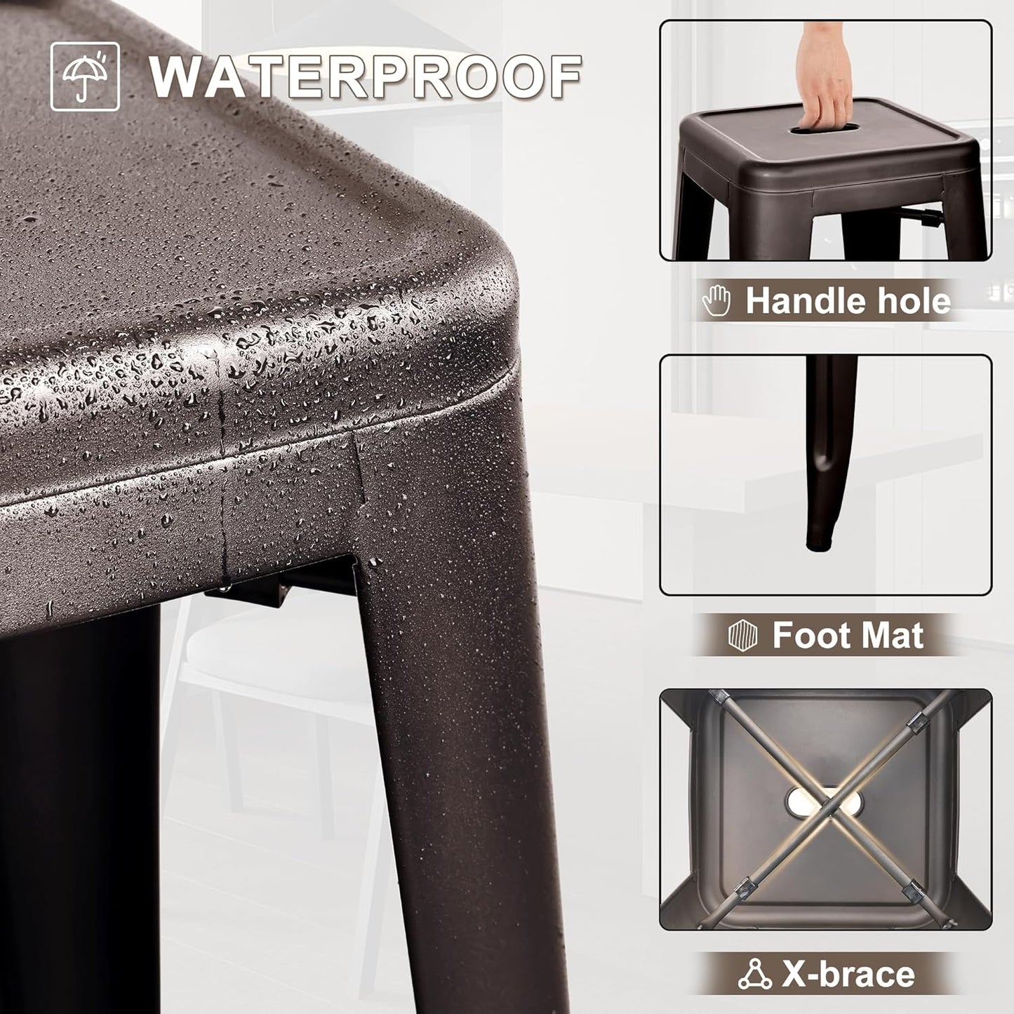 30 Inches Metal Bar Stools, High Backless Stools, Indoor Outdoor Stackable Kitchen Stools, Set of 4, Brown