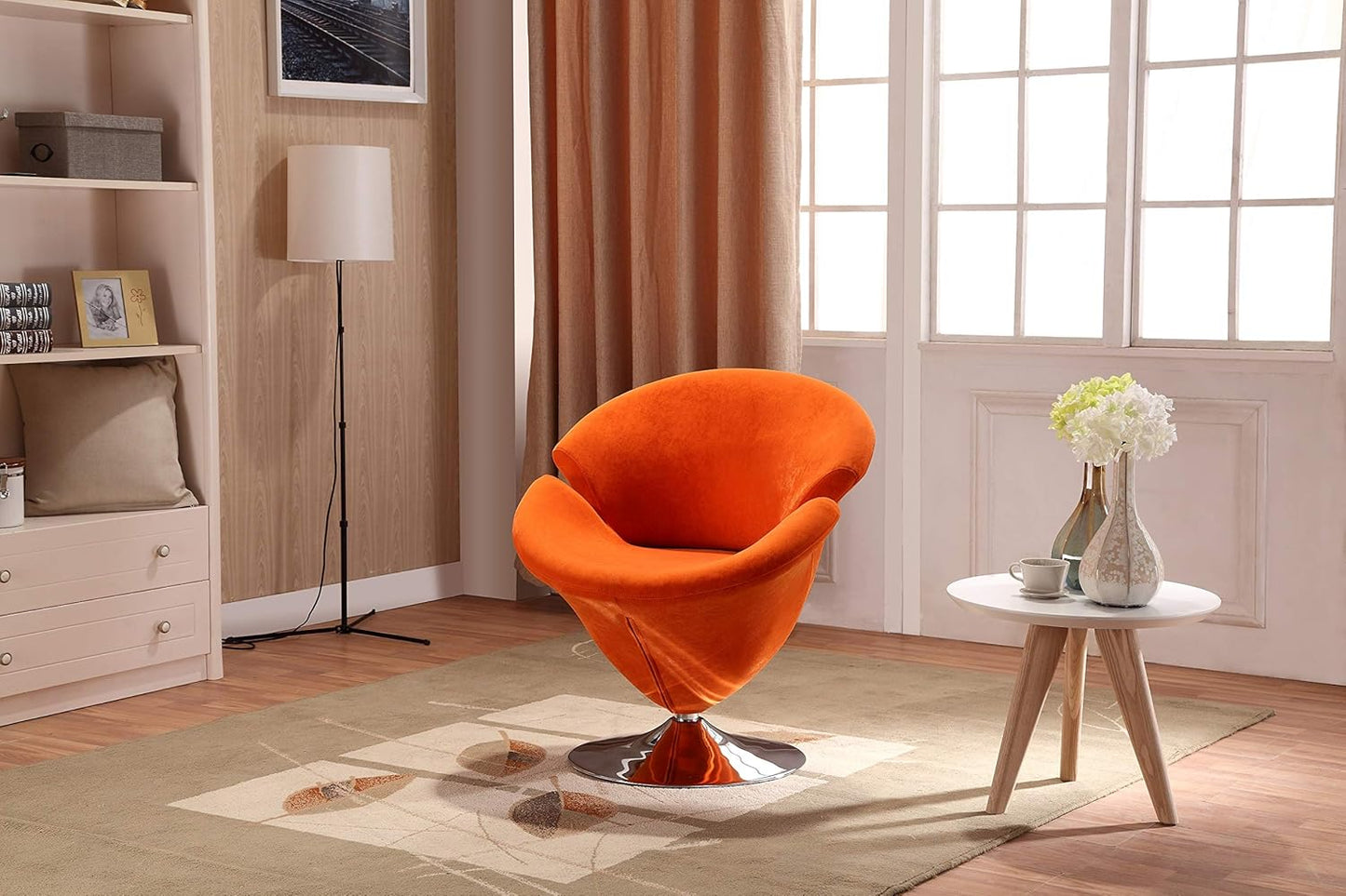 Manhattan Comfort Tulip Swivel Accent Chair Set of 2 with 360° Turn, Modern Flower Inspired Design, Soft Velvet Upholstery, Polished Chrome Base, No Assembly Required, 300 Lbs Capacity, Orange