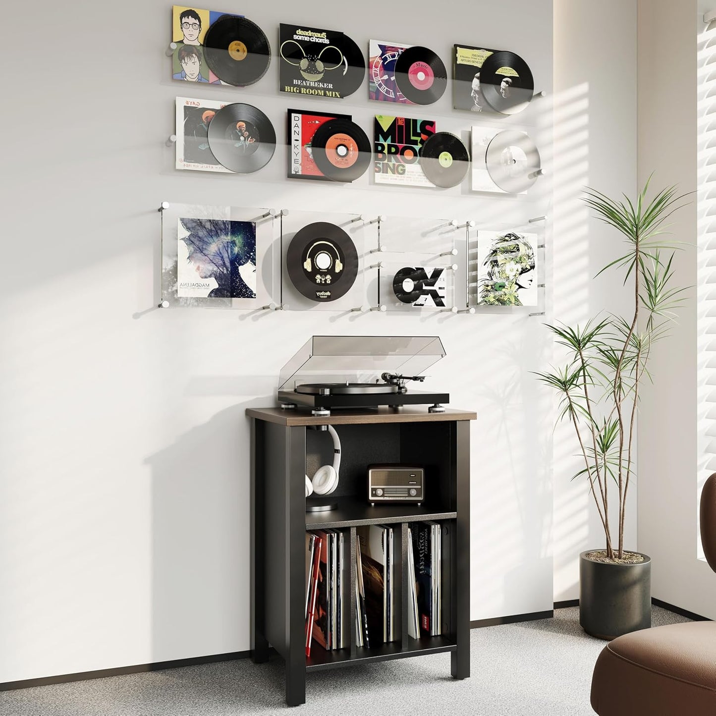 LIDYUK Record Player Stand, Vinyl Record Storage Table End Table with Display Shelf Holds up to 130 Albums, Large Nightstand Wood Turntable Stand Cabinet Side Table for Living Room, Bedroom, Black