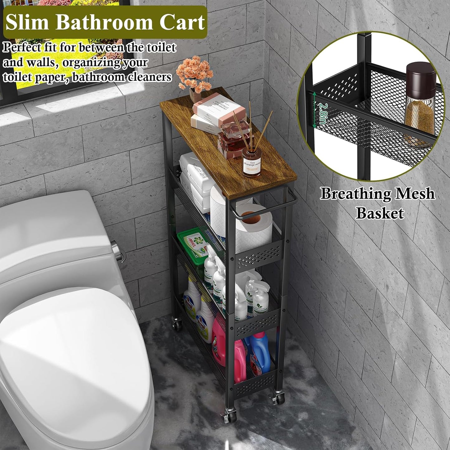 Utility Slim Storage Cart, 4 Tier Small Rolling Kitchen Laundry Room Cart with Wood Top, Metal Narrow Bathroom Storage Cabinet Mobile Shelf Unit Organizer Trolley with Handle for Narrow Space