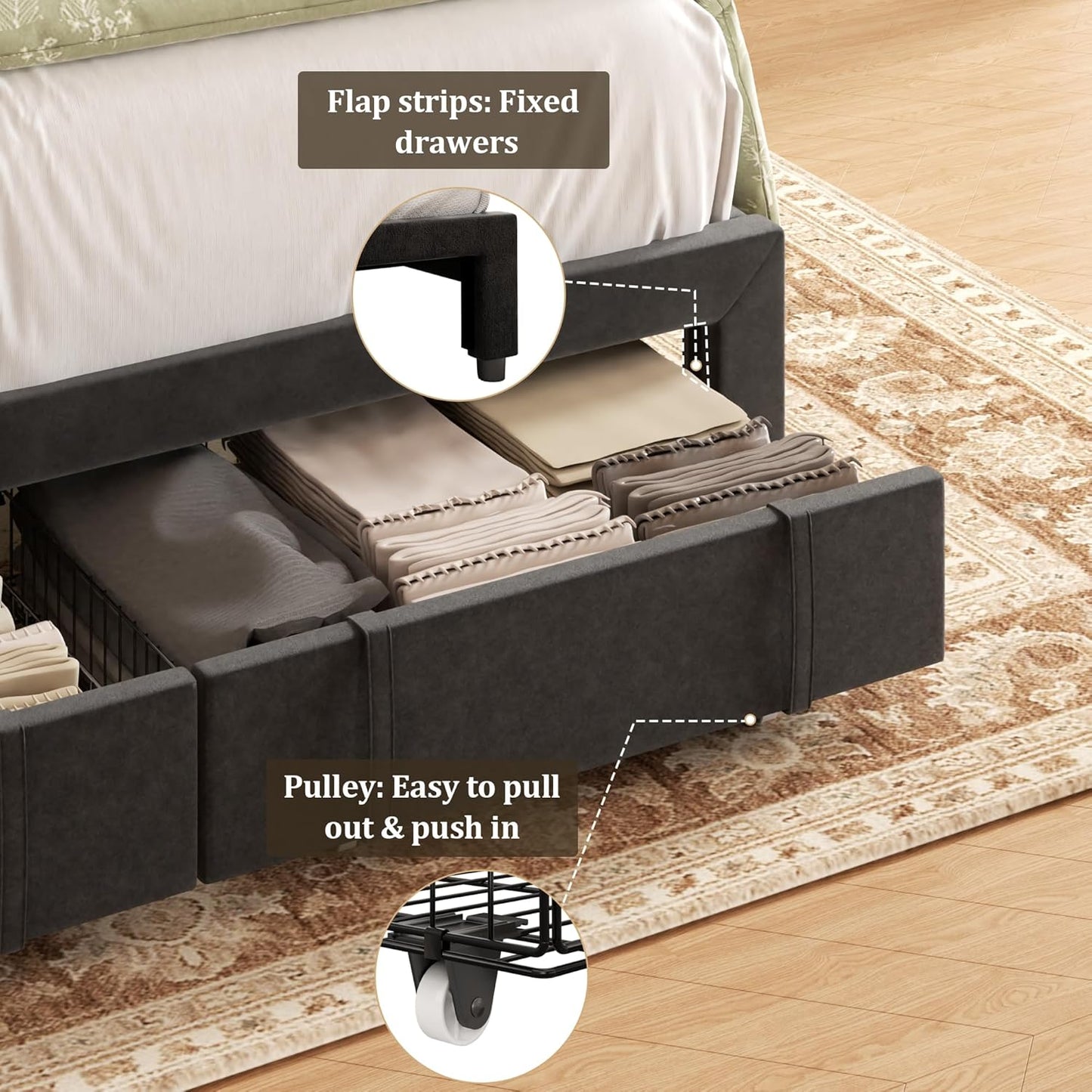 Full Bed Frame with Storage Drawers, Upholstered Platform Bed with Headboard and Wingboard, No Box Spring Needed, Noise Free, Easy Assembly, Wooden Support Slats, Black