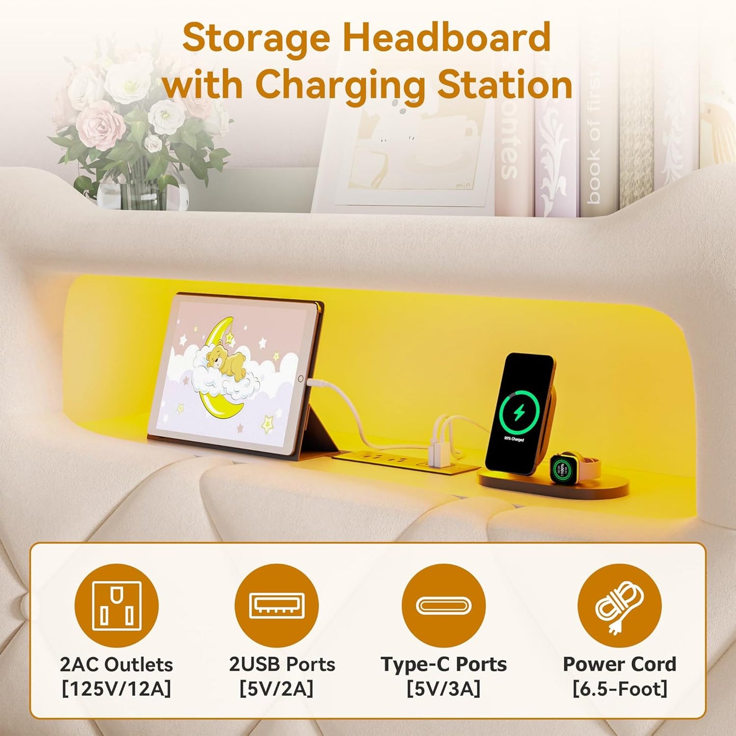 Twin Upholstered LED Bed Frame with 2 Storage Drawers and 2-Tier Storage Bookcase Headboard, Velvet Princess Platform Bed for Kids/Girls/Boys, Heavy Duty Metal Support, No Box Spring Needed, Beige